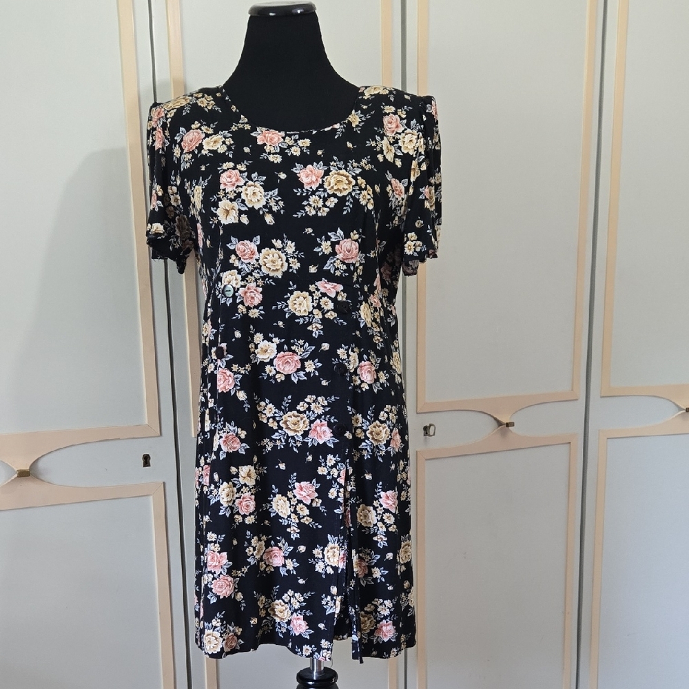 Vintage 90s Floral Romper by Lily Taylor~ Black, Yellow & Pink Roses, SKORT - M